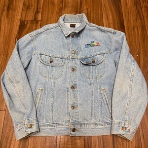 Vintage 80s Lee PATD 153438 Denim Trucker Jacket Faded Blue HP Tech Large 25x26
